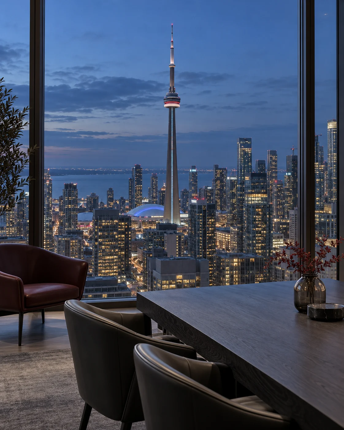 Architectural concept of a Toronto meeting lounge overlooking the CN Tower and downtown skyline at dusk